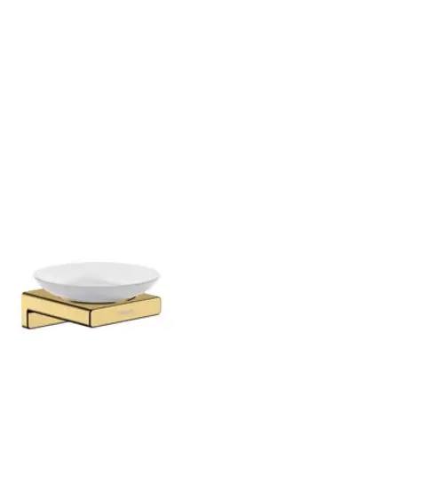 Seifenschale mit einer goldenen Halterung, die eine weiße Schale trägt. Produkt von Hansgrohe, geeignet für Badezimmeranwendungen.